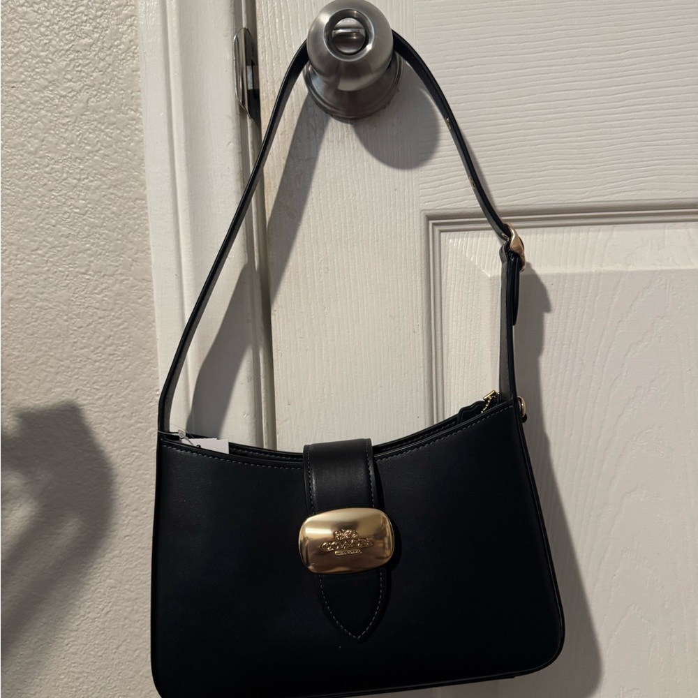 Coach Black Gold Shoulder Bag with Textured Fabric and Gold Clasp